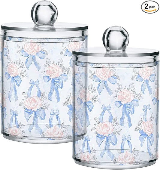 2 Pack Qtip Holder Organizer Dispenser Blue Bows Pink Roses Bathroom Storage Canister Cotton Ball Holder Container for Cotton Pads/Swabs/Floss