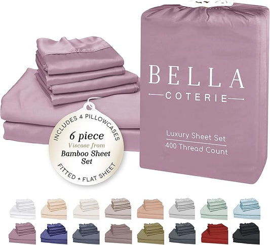 Bella Coterie 6 Piece Luxury Bamboo Viscose Split Top King Size Sheet Set | 34" Split for Adjustable Beds | 100% Organically Grown| Cooling | 18” Deep Pocket | 4 Pillowcases [Lilac]