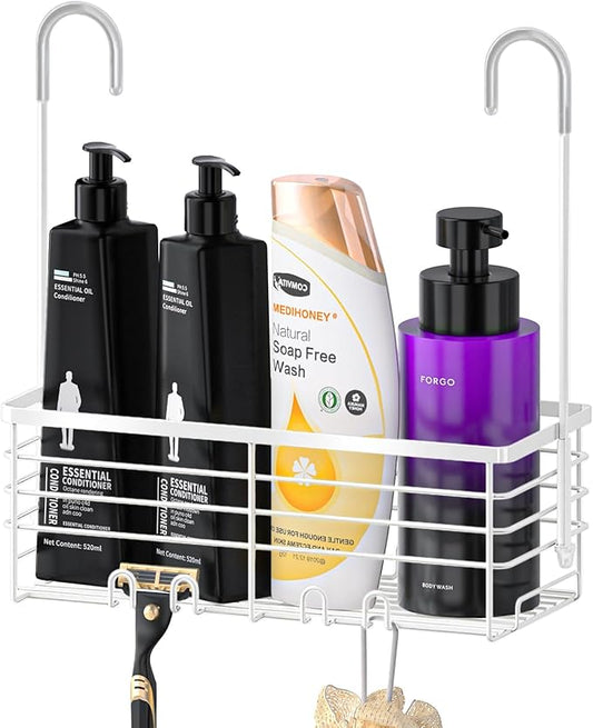 SHANSHUI Shower Hanging Caddy, Bathroom Shower Organizer Basket, Shampoo Bracket, Over Door Showers Rack with Hooks, 304 Stainless Steel Rustproof White