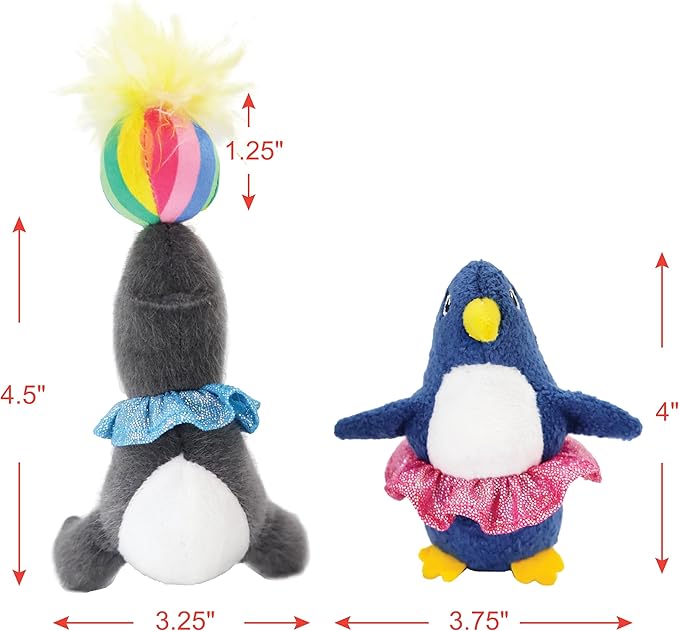 2 Pack Interactive Catnip and Feather Cat Toys, Circus Penguin and Seal Catnip Toys, Accessories for Indoor Cat, Catnip Plush Toys with Natural Feathers and Rattles