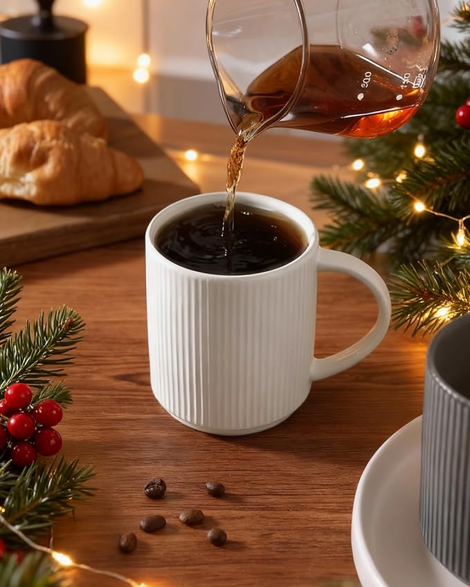 famiware Coffee Mug Set for 6, Star 16 oz Catering Mugs Cup Set with Handle for Coffee, Tea, Cocoa, Milk - Ceramic Stoneware Drinkware Set, Matte White + Matte Dark Charcoal