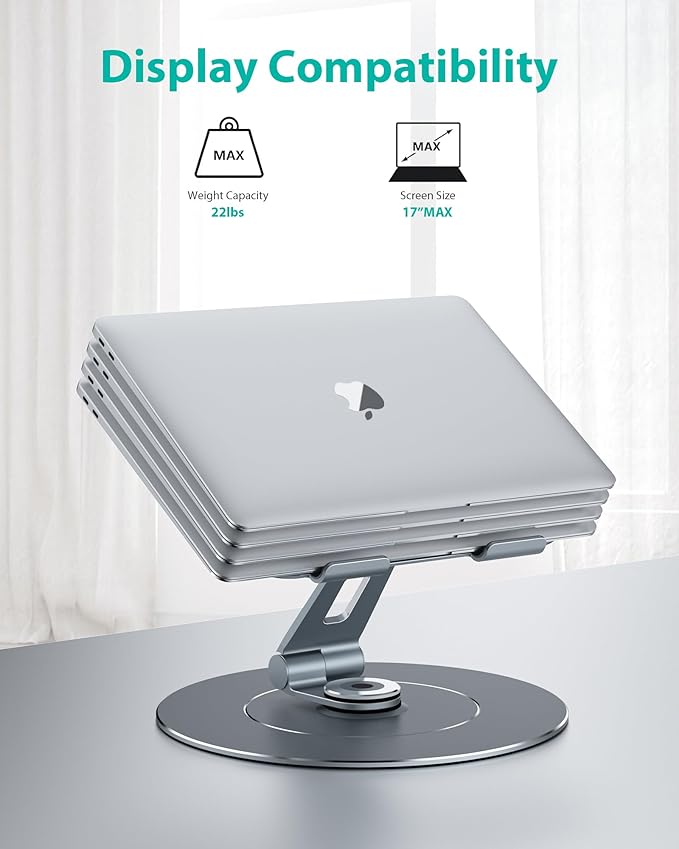 Adjustable Laptop Riser, 360 Rotating Stand with Phone Holder, Foldable for Desk, Ergonomic for MacBook & All Notebooks up to 17.3 inches - Grey