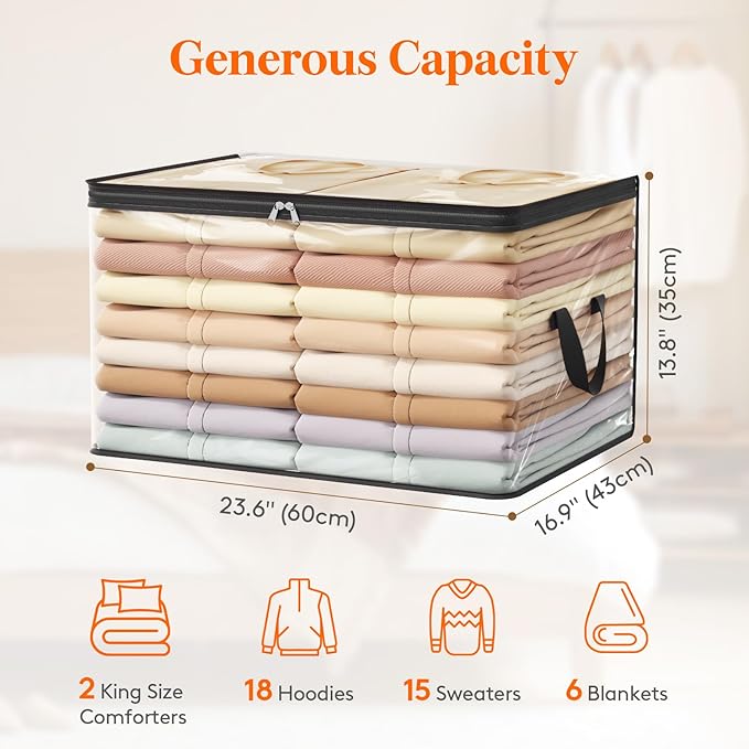 Lifewit 90L Large Clear Clothes Storage Bags, 4 Pack Plastic Comfort Blanket Storage, Vinyl Foldable Moving Bags with Zipper and Reinforced Handles, Closet Organizers Containers for Bedding, Duvet