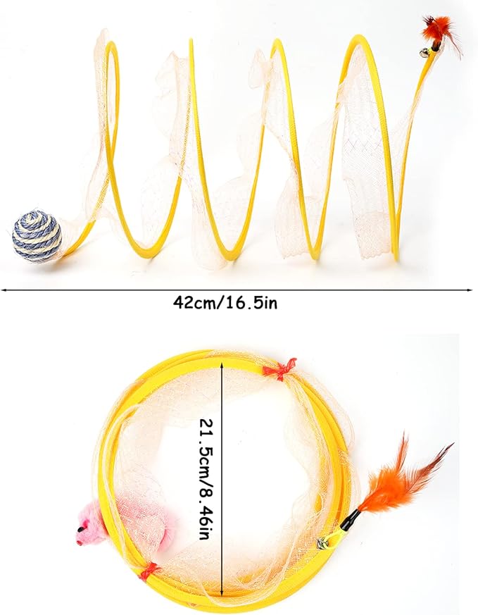 2-Pack Large Cat Tunnel Beds - Indoor & Outdoor,Kitten Collapsible Spring Tunnel Toy with Feather and Bell,Interactive Spring Toys for Cats & Kittens（Yellow）
