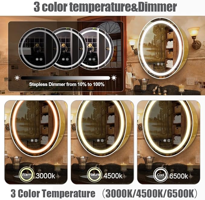 20inch Round Medicine Cabinet with Lights,Led Medicine Cabinet with Defogger,Illuminated Mirror Cabinet for Bathroom,Dimmable,Anti-Fog,3 Colors,Surface Mount Only,Gold