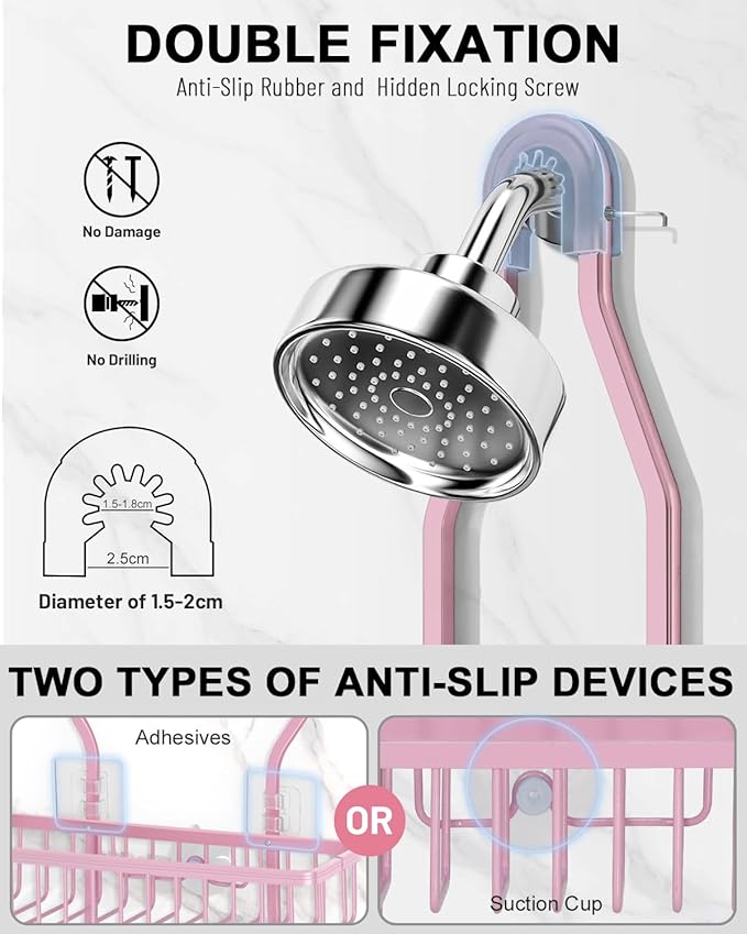 Pink Shower Caddy for Bathroom - Never Rust Hanging Shower Organizer with Soap Basket and Hooks - Large Capacity 3 Tier Aluminum Over The Showerhead Caddy