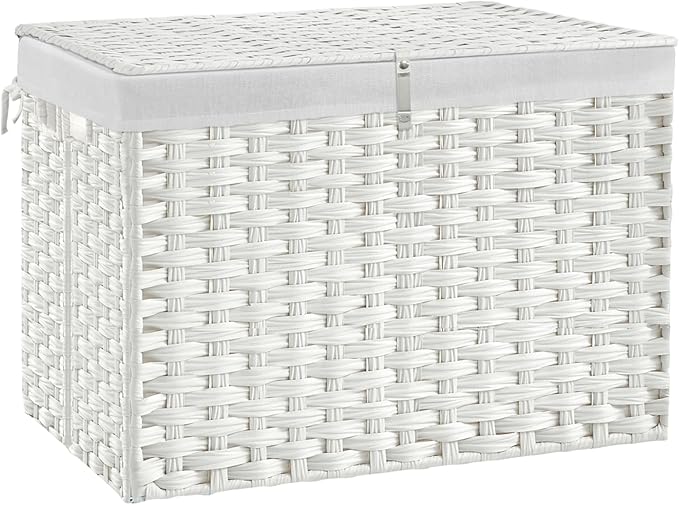 240L Wicker Storage Basket with Lid, Handwoven Rattan Large Shelf Basket with Removable Liner, 63.5 Gallon Wicker Basket for Blanket, Storage Trunk with Handle for Closet, Bedroom, Livingroom, White