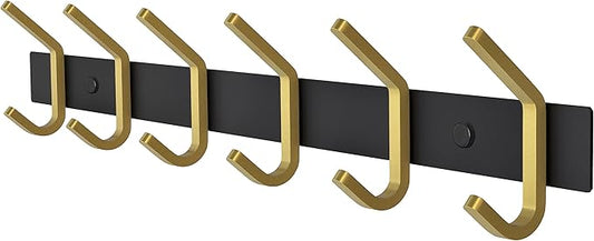 Coat Rack Wall Mount – Black and Gold Hook Rail with 6 Double Coat Hooks, 17 Inch Stainless Steel Wall Hooks for Entryway, Bathroom, Bedroom, Closet, Towel, Hat, Bag, Heavy Duty Organizer