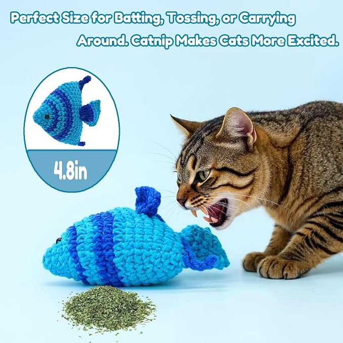 Cat Toys with Catnip & Bell Soft Natural Cat Nip Toys for Indoor Cats Hand Crocheted Interactive Kitten Fish Toys