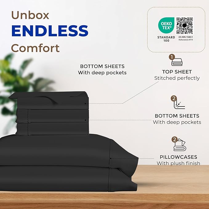 THREAD SPREAD 100% Egyptian Cotton Split King Sheets Sets for Adjustable Bed - 600 Thread Count 5 PC Top Split King Sheets, 16" Deep Pocket Soft Cooling Sheets for Split King Adjustable Bed - Black