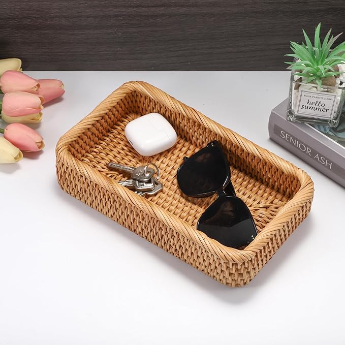 Hipiwe Natural Rattan Tray Key Basket for Entryway Table Rectangle Wicker Basket Trays for Remote Trinket Decorative Rattan Storage Basket Home Decor,10"x 5.9"x 2.2"
