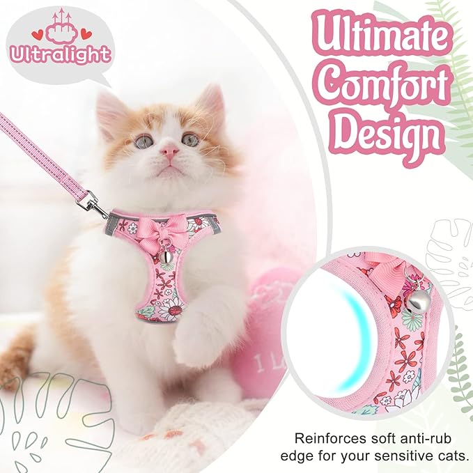Cat Harness and Leash Escape Proof for Walking, Adjustable Soft Kitten Harness with Reflective Straps Step in Cat Vest Harness for Small Kitten and XS Dogs (Pink, S-Chest(11.8"-13.7"))