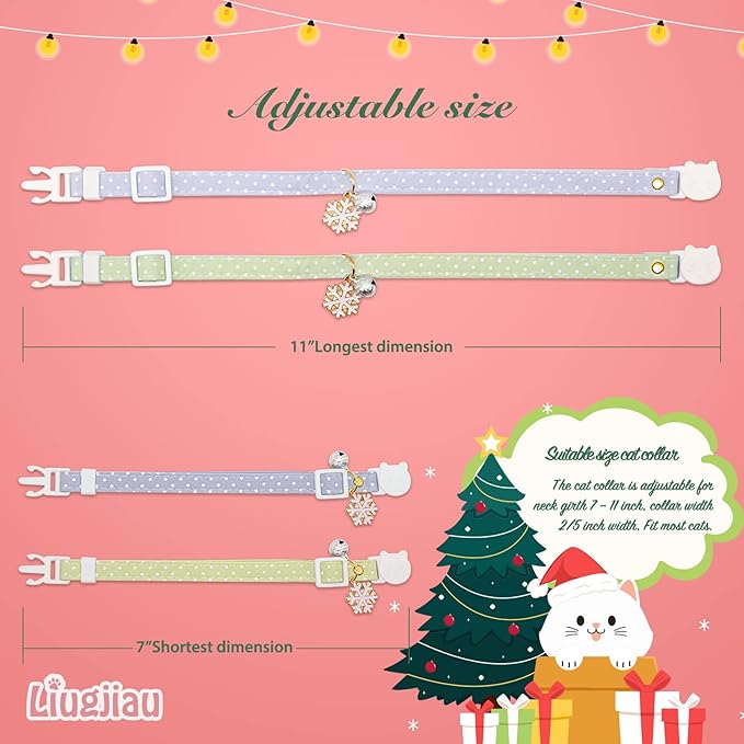 2 Pack Cotton Breakaway Cat Collar with Bell Green&Blue White Snowflake Pendant Cute Kitten Cat Collar Suitable for Girls and Boys