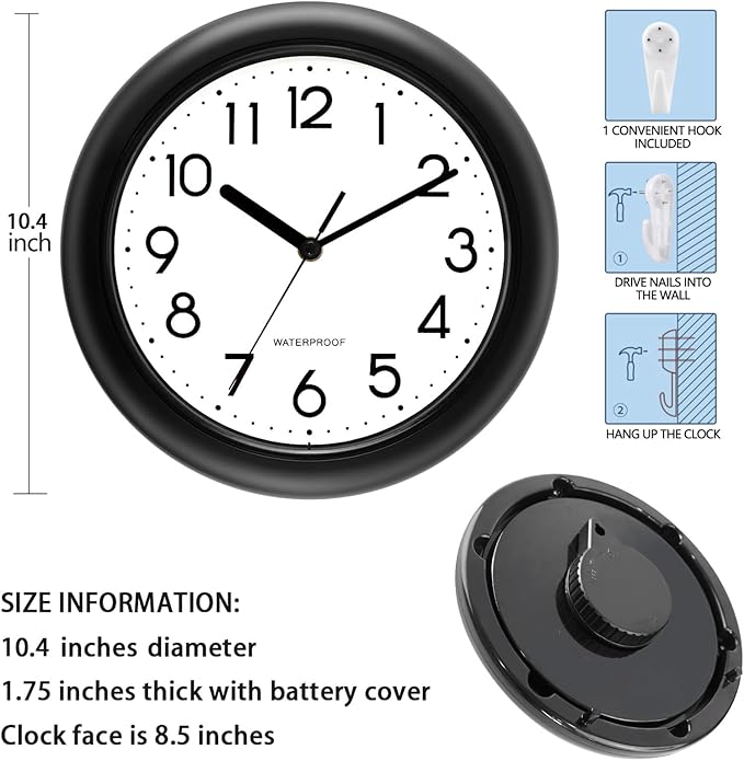 Caysie 10 Inch Sealed Indoor Outdoor Clock Waterproof, Silent Battery Operated Weatherproof Wall Clocks for Pool Patio Outside Home (Black)