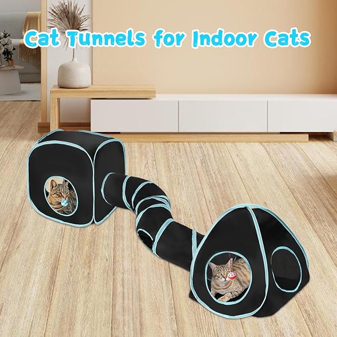 Rypet Cat Tunnels for Indoor Cats with Cube Tent, Interactive Collapsible Cat Tube and Foldable Cubes Playground for Hiding Hunting and Resting, Pet Tube with Bell for Kitten, Rabbit, Puppy, Ferret