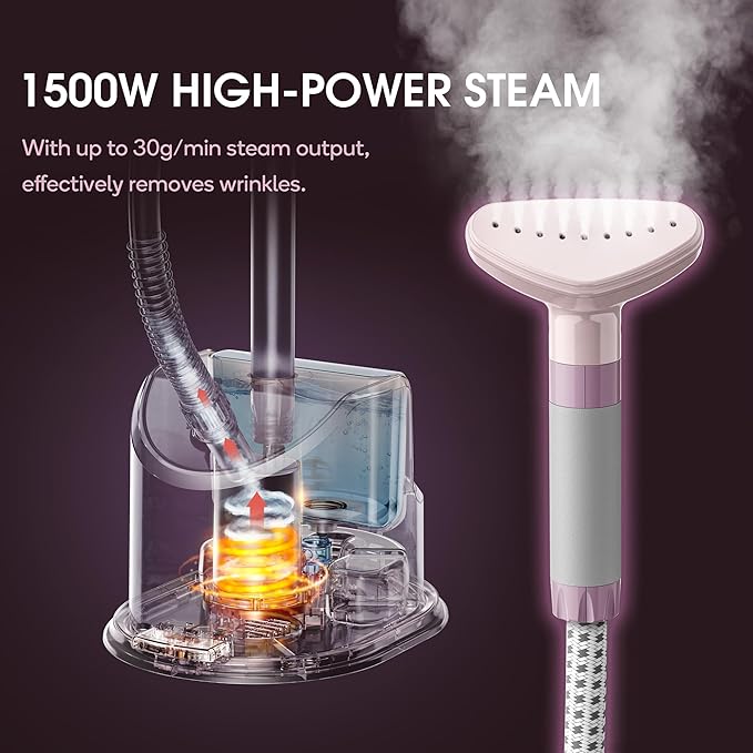 Newbealer Standing Garment Steamer - 1500W Full-Size Vertical Clothes Steamer with Foot Pedal, 57.5oz (1.7L) Large Water Tank, 45s Fast Heat-Up, 50-Min Powerful Steaming, Auto-Off (Pink)