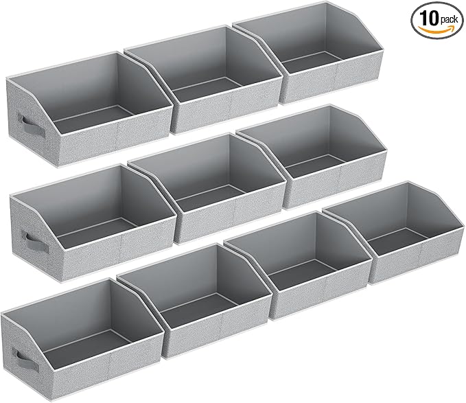 Closet Baskets for Shelves Trapezoid - Decorative Storage Baskets with Handle, Closet Bins for Organization, Shelf Storage Bins for Clothes, Books, Home, Office, 10 Pack, Light Gray