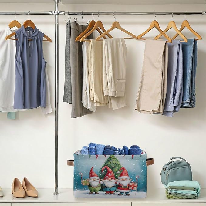 Large Storage Basket Christmas Gnomes Storage Bin Cube Canvas Fabric Organizer Handles Collapsible for Clothes Toys Bedroom Decorative