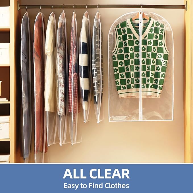 12 Packs All Clear Garment Bags for Hanging Clothes, Suit Bags for Closet Storage, Plastic Waterproof Suit Cover Bags with Zipper for Coats, Jackets, Dresses (24" x 40" & 48" & 55")