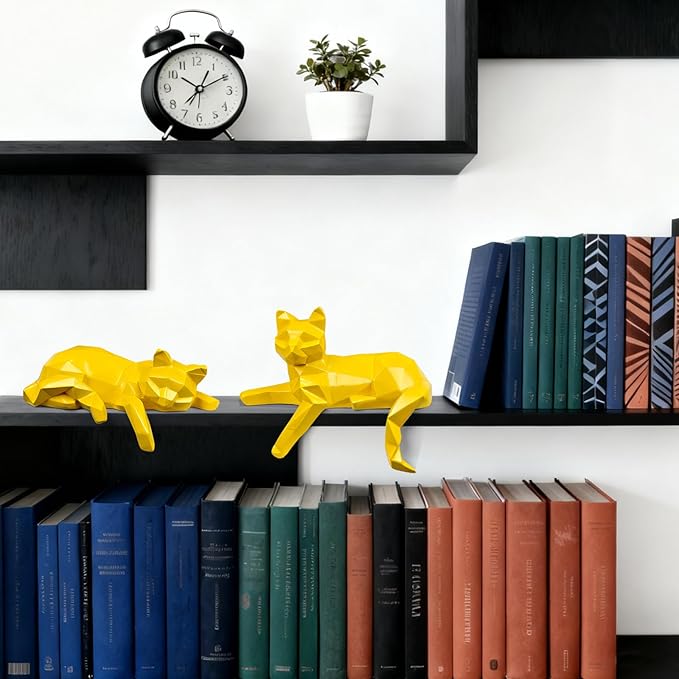 Mrlikale Bookshelf Decor Cat Statue, Modern Geometric Cat Figurines for Living Room Office Shelves Coffee Table Desk Decor – Set of 2 Minimalist Animal Statues (Yellow)