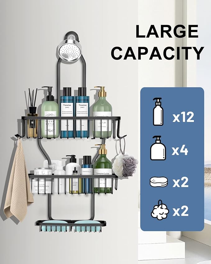 Shower Caddy Hanging - Never Rust Shower Hanging Organizer - Aluminum Over the ShowerHead Caddy with Soap Basket and 6 Hooks for Razor/Sponge (Black)