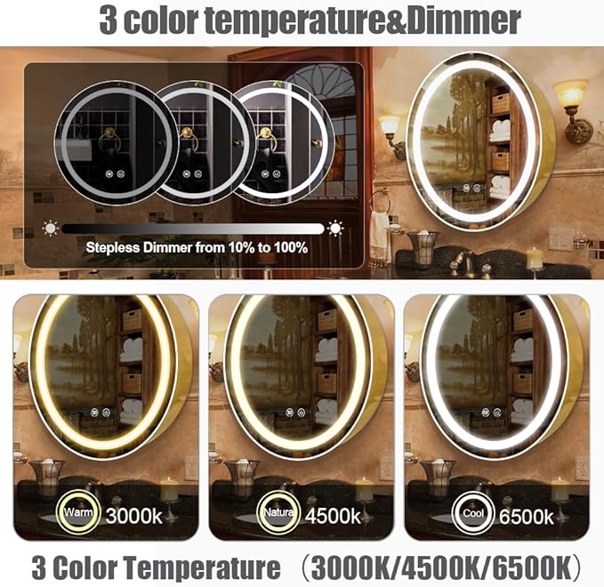 24inch Round Medicine Cabinet with Lights,Led Medicine Cabinet with Defogger,Illuminated Mirror Cabinet for Bathroom,Dimmable,Anti-Fog,3 Colors,Surface Mount Only,Gold
