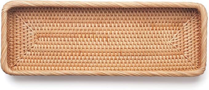 Rattan Bathroom Vanity Tray, Toilet Tank Basket Tray for Paper Hand Towel, Bathroom Counter Tray for Organizing and Decor (Natural, 16.3" x 6.1" x 2")