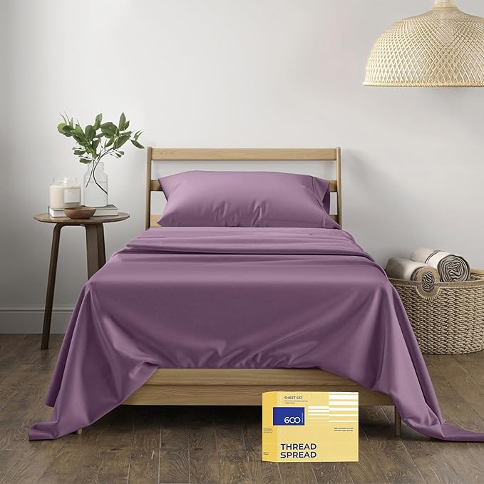 THREAD SPREAD Luxury Egyptian Cotton Sheets Twin XL Size - 600 Thread Count 3 PC Twin XL Sheets Deep Pockets, Extra Soft, Cooling Extra Long Staple Sateen Weave College Dorm Bedding Twin XL - Plum