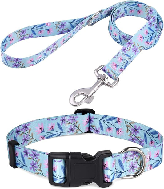 Dog Collar and Leash Set with Bohemia Floral Tribal Geometric Patterns - Soft Ethnic Style Collar Adjustable for Small Medium Large Dogs(Pink + Purple Floral Set,L)