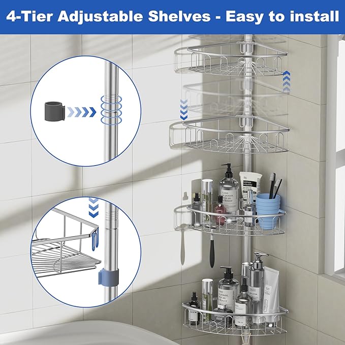 Corner Shower Caddy Tension Pole: Aluminum Shower Caddy Rod with Stainless Steel 4 Adjustable Rustproof Shelves Organizer for Bathroom, 47-121 inch, No Drilling, Quick Installation, Heavy Duty