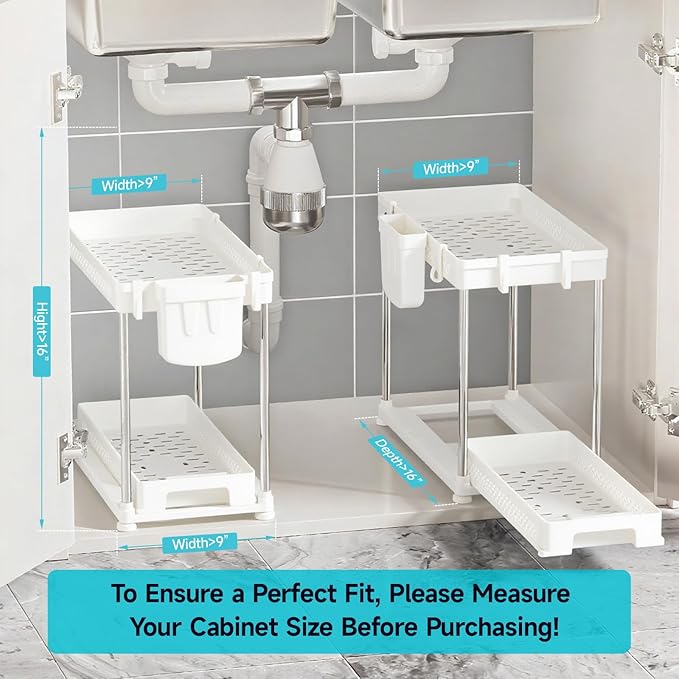Under Sink Organizer, 2 Tier Pull Out Cabinet Organizer with Hooks Hanging Cup, Easy Installation & Rust-resistant, Multi-Purpose Storage Shelf for Kitchen Bathroom Pantry (White, 2 Pack)