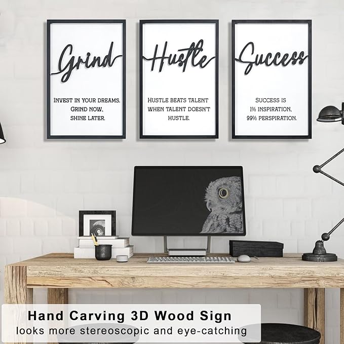 3D Wood Inspirational Office Wall Decor, 48" x 24" Framed Grind Hustle Success Motivational Wall Art, Positive Quotes Wall Art for Home Office Bedroom (Ready to Hang, Set of 3, Framed)