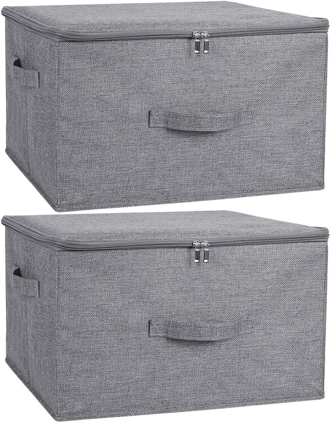 ANMINY 2PCS Storage Bins with Zipper Lids 36 Qt Lidded Fabric Storage Boxes Baskets Cubes with Handles Collapsible Washable Cotton Linen Closet Shelf Clothes Organizer Containers - Gray, Large