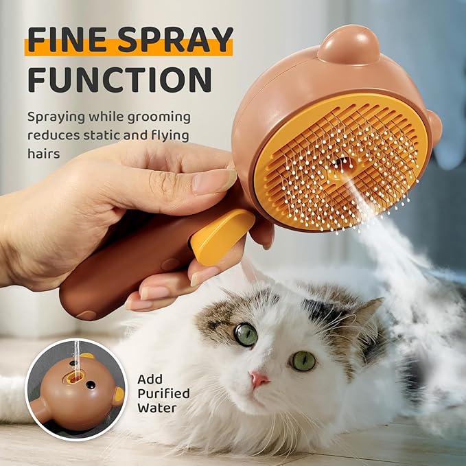 Cat Steam Brush, Self Cleaning Pet Spray Hair Removal Comb with Release Button, 3 in 1 Cat Brush for Indoor Cats, Waterproof Pet Grooming Brushes for Long Short Haired Dogs Cats（Brown）