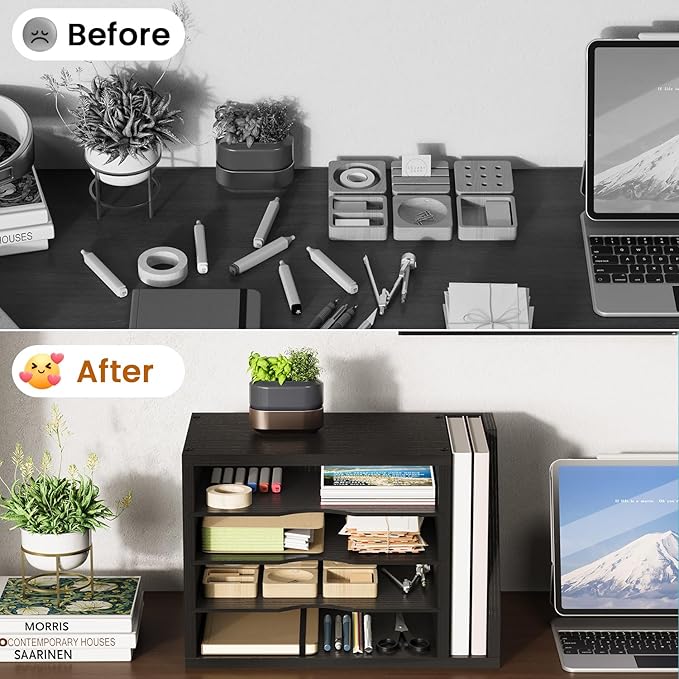 File Organizer Desktop, Wood Desk Organizer with 3 Adjustable Shelves, Mail Paper Sorter for Office, Home, File Holders for Envelopes, Mail Supplies or Magazines, Black