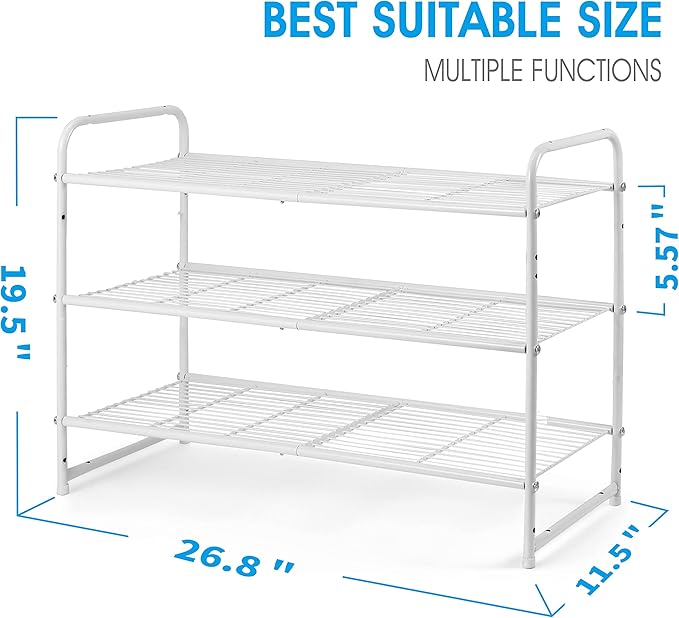 Simple Trending 3-Tier Stackable Shoe Rack, Expandable & Adjustable Shoe Shelf Storage Organizer, Wire Grid, White