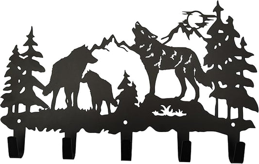 Metal Wolf Coat Hooks Wall Art Decor-Wolf Hangers and Key Holder-Clothes Rack and Backpack Hanger-Animal Theme Hooks Sweet Home Decor for Storage, Living Room, Hallway, Office (Black)