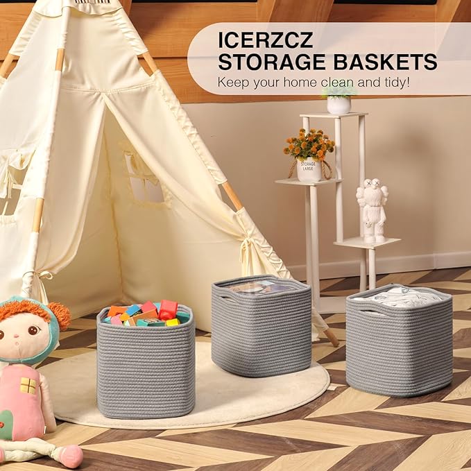 13 Inch Cube Closet Storage Bins, Woven Cotton Rope Organizer Baskets for Organizing & Shelves, Books, Towels, Clothes, Toys, 13x13x13 in, Grey (Pack of 3)