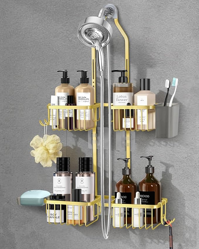 Adjustable Shower Caddy Hanging for Handheld Showerheads - Never Rust Shower Hanging Organizer, Upgraded Bathroom Shower Rack with Soap Basket, Hooks and Toothbrush Holder (Gold)