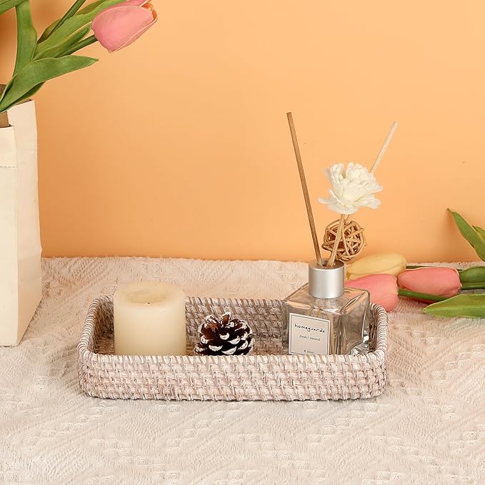 Hipiwe Rattan Key Tray Handwoven Wicker Baskets for Entryway Table Vanity Decorative Serving Tray for Candy Rectangular Fruit Basket, Whitewash