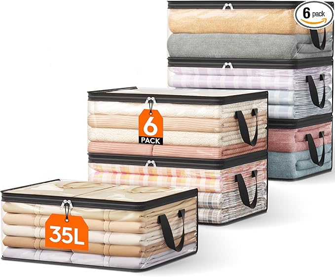 Lifewit 6 Pack Clear Clothes Storage Bags, 35L Plastic Vinyl Foldable Moving Bags with Zipper and Reinforced Handles, Closet Organizers and Storage Containers for Blanket, Sweaters, Coats, T-shirts