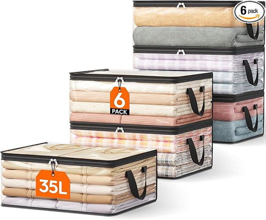 Lifewit 6 Pack Clear Clothes Storage Bags, 35L Plastic Vinyl Foldable Moving Bags with Zipper and Reinforced Handles, Closet Organizers and Storage Containers for Blanket, Sweaters, Coats, T-shirts