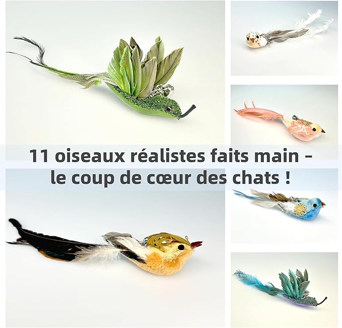 11PCS Realistic Bird Cat Toy Refills – Handmade Feather Cat Toys with Bell, Clip-on Cat Wand Attachments – Interactive Cat Toys for Indoor Cats, Refill Set for Wand Toy or Cute Home Décor