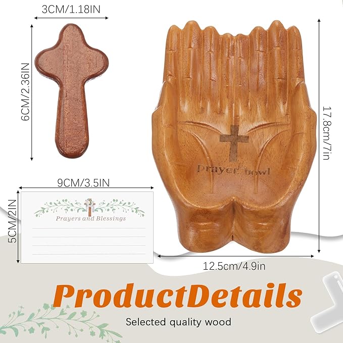 LemonRoad 36 Pcs Hands Shaped Prayer Bowl Set Wooden Prayer Bowl with 5 Wood Hand Held Crosses 30 Printed Cards for Mom Dad Christian Gift Religious Birthday Retirement Home Table Decor