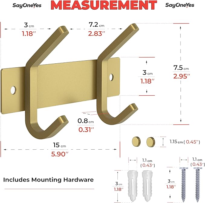 Brushed Gold Small Coat Rack Wall Mount – 6 Inch Stainless Steel Rail with 2 Double Coat Hooks for Entryway, Bathroom, Bedroom, Kitchen – Modern Gold Hook Rack for Coats, Hats, Towels - 2 Pack