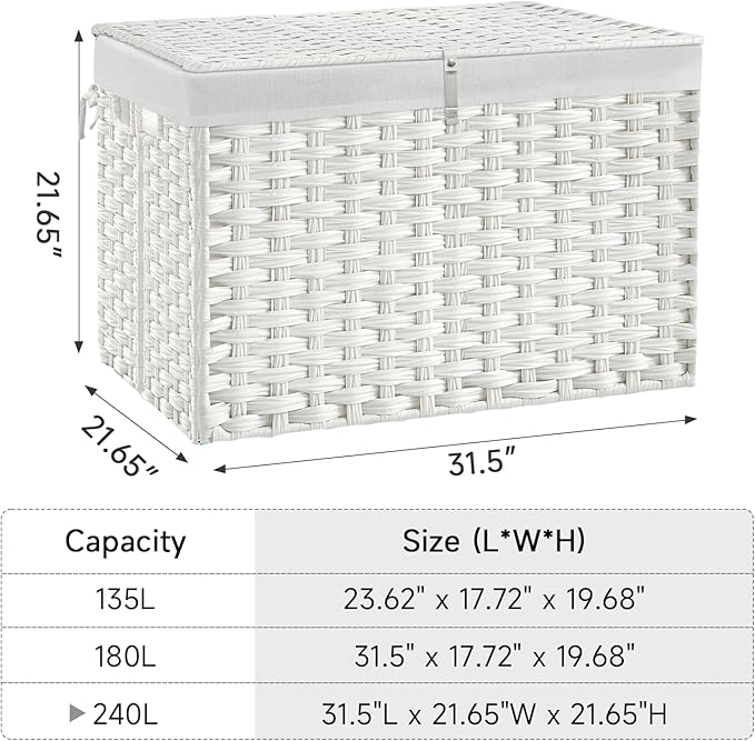 240L Wicker Storage Basket with Lid, Handwoven Rattan Large Shelf Basket with Removable Liner, 63.5 Gallon Wicker Basket for Blanket, Storage Trunk with Handle for Closet, Bedroom, Livingroom, White