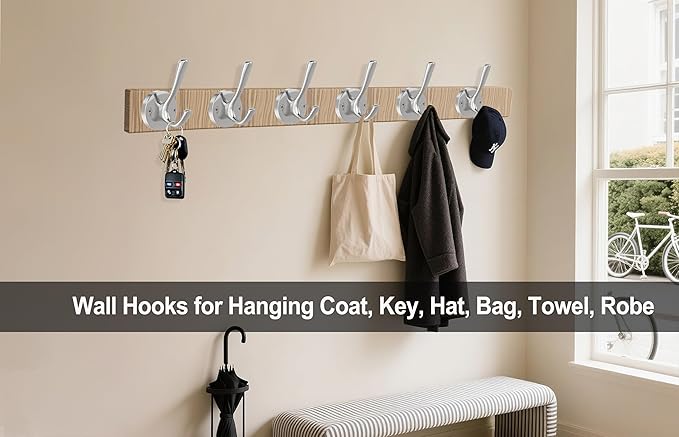 Brushed Nickel Robe Hooks Towel Hooks, 3 Pack Coat Hook Heavy Duty Mudroom Hook Double Bathrobe Hook Wall Mounted, Hat Hooks for Entryway Bathroom Kitchen Closet