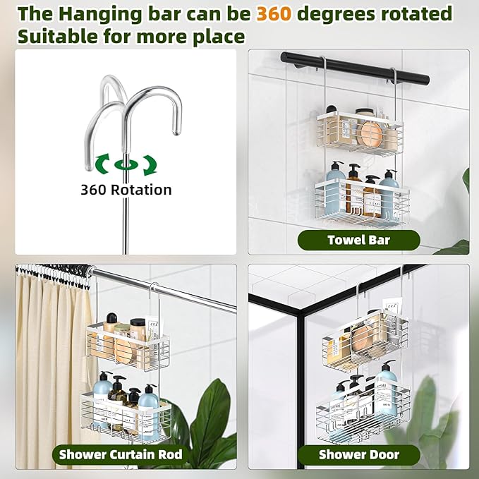 YUOROS Shower Caddy Hanging, 2 Tier Over the Door Shower Organizer Rack 304 Stainless Steel Rustproof (Silver)