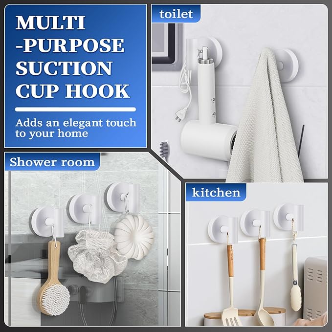 Heavy Duty Reusable Suction Cup Hooks for Shower - No Drill Bathroom/Glass/Mirror/Tiles & Metal Surfaces,and Smooth Non-Porous Surfaces for Towels, Robes, Loofahs (2, White)