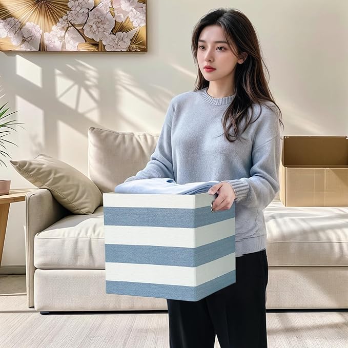 11x11 Cube Storage Bins, Collapsible Fabric Storage Cubes, Cubby Storage Organizer Bins Striped Container Baskets for Organizing Home Office Wardrobe Closet Shelf, Pack of 4, Blue/White